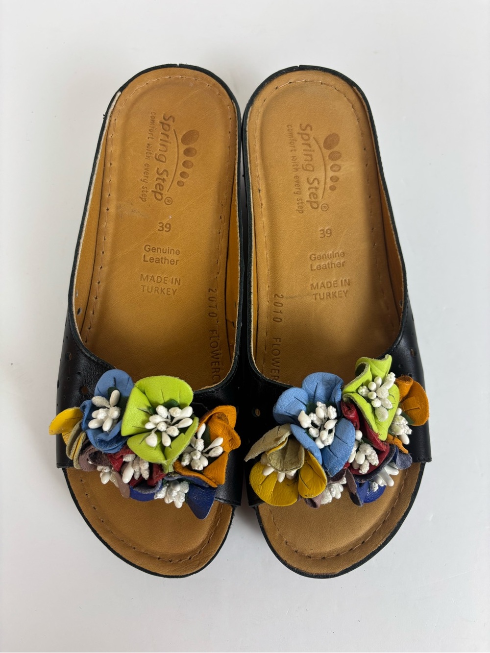 Spring Step Flowerchild Leather Slide Sandals Cottagecore Boho Black Sz 39/8.5